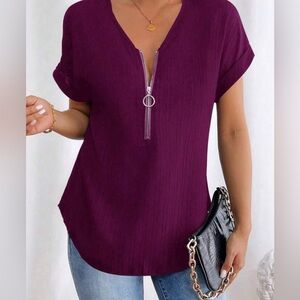 SHEIN Purple Ribbed Blouse Top with Cuffed Sleeves